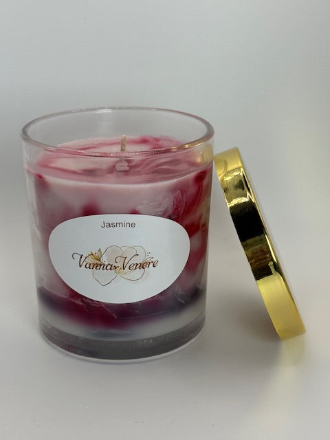 Marble Jasmine Candle - 10 oz container with Lid - Red White Pink Black