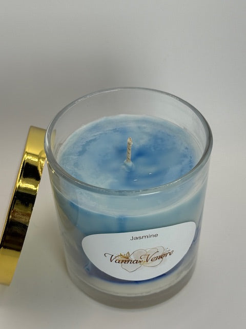Marble Jasmine Candle - 10 oz container with Lid - Blue White
