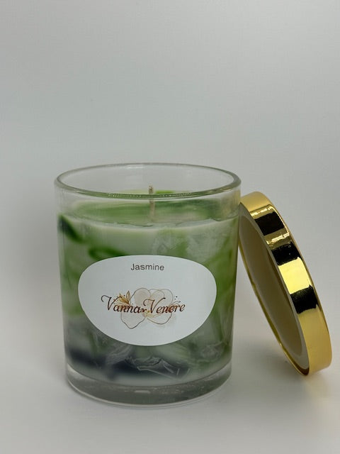 Marble Jasmine Candle - 10 oz container with Lid - Green White