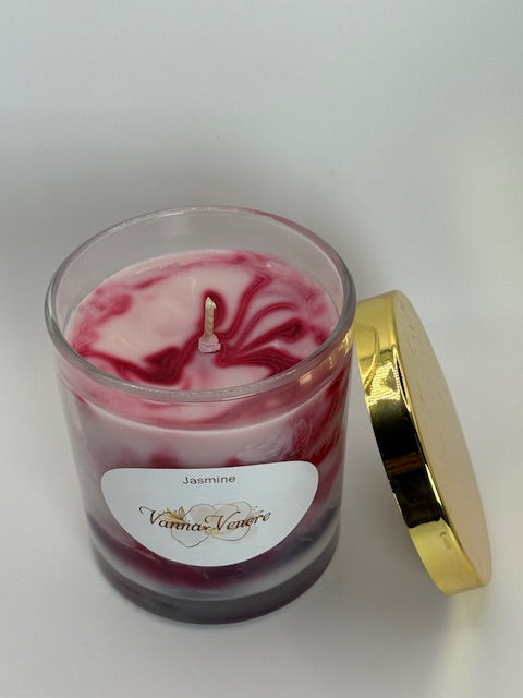 Marble Jasmine Candle - 10 oz container with Lid - Red White Pink Black