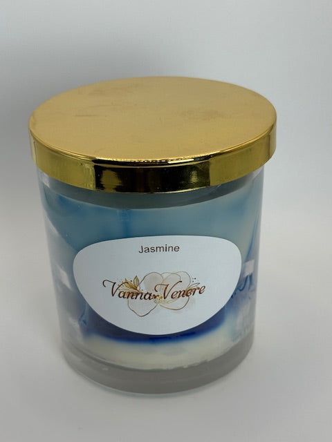 Marble Jasmine Candle - 10 oz container with Lid - Blue White