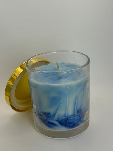 Marble Jasmine Candle - 10 oz container with Lid - Blue White