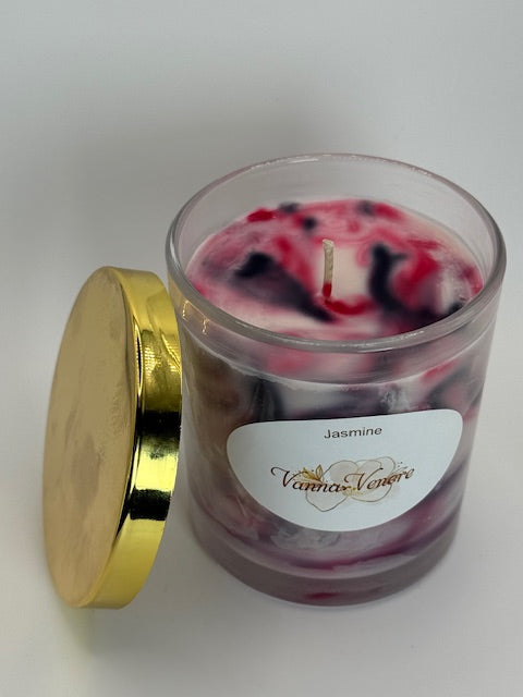 Marble Jasmine Candle - 10 oz container with Lid - Red White Pink Black
